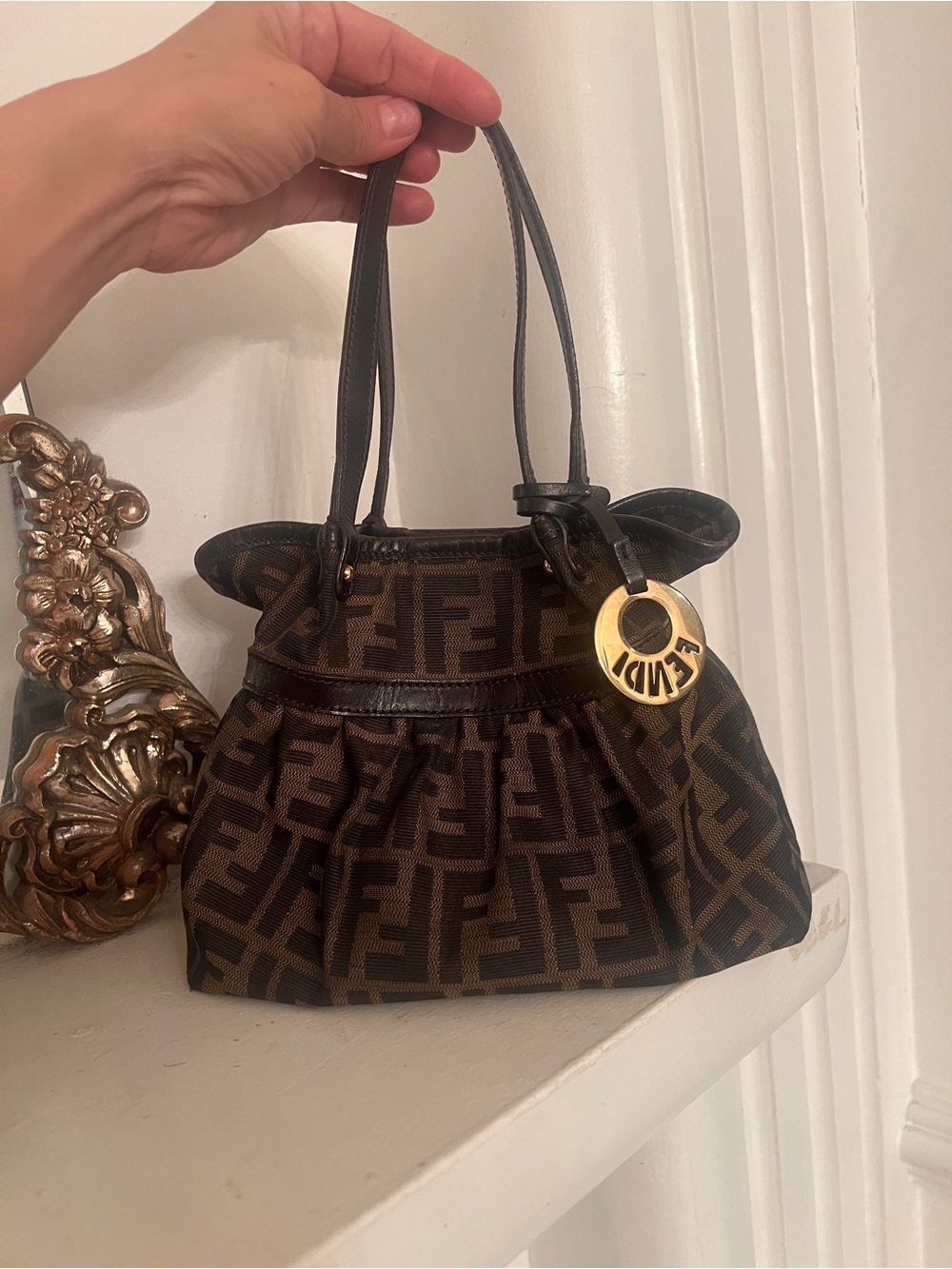 Fendi Brown and Black FF Monogram Pleated Shoulder Bag with Gold Charm